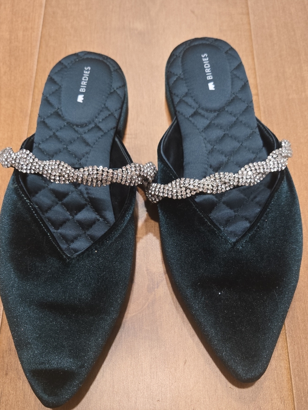 Birdies Dark Green Velvet Mules with Crystal Braided Strap